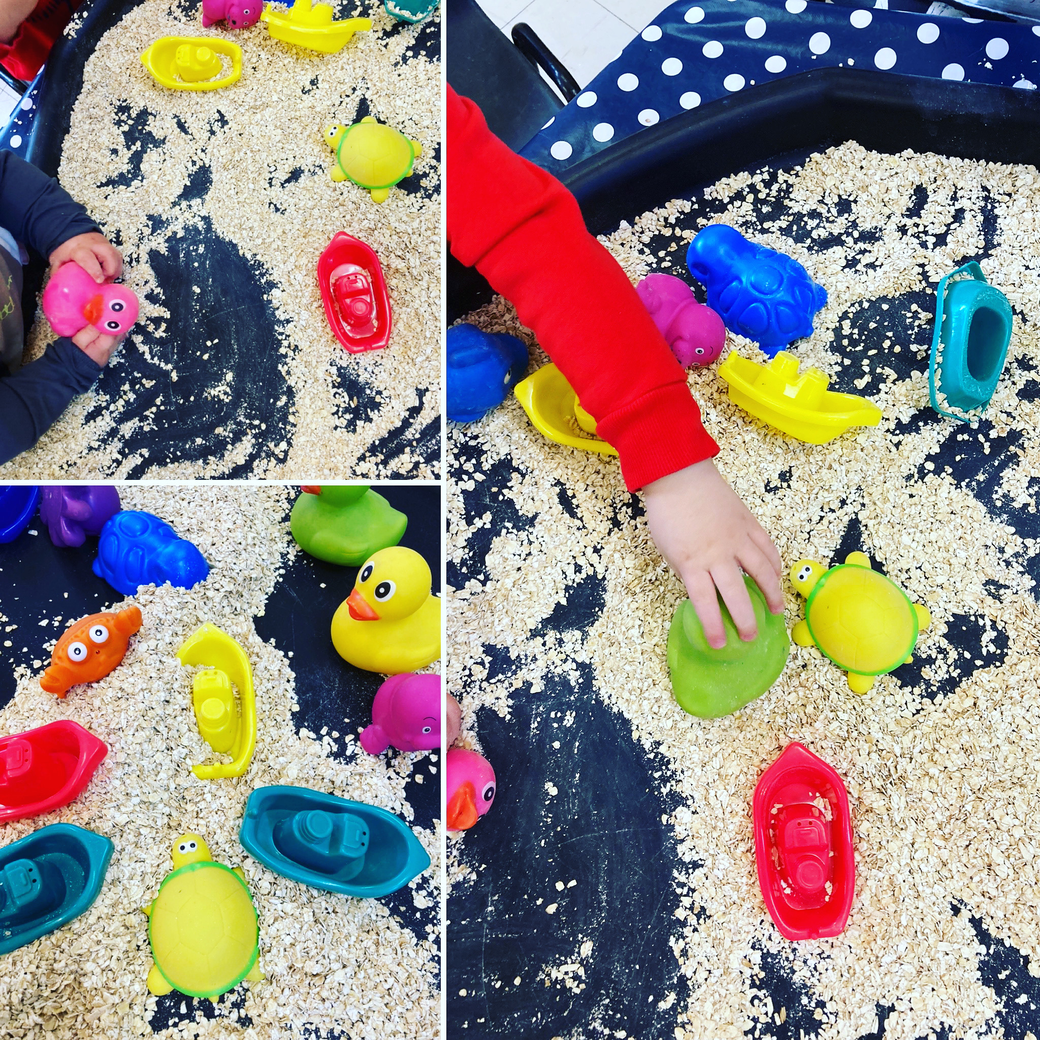 child playing with boats in oats on a tuff tray